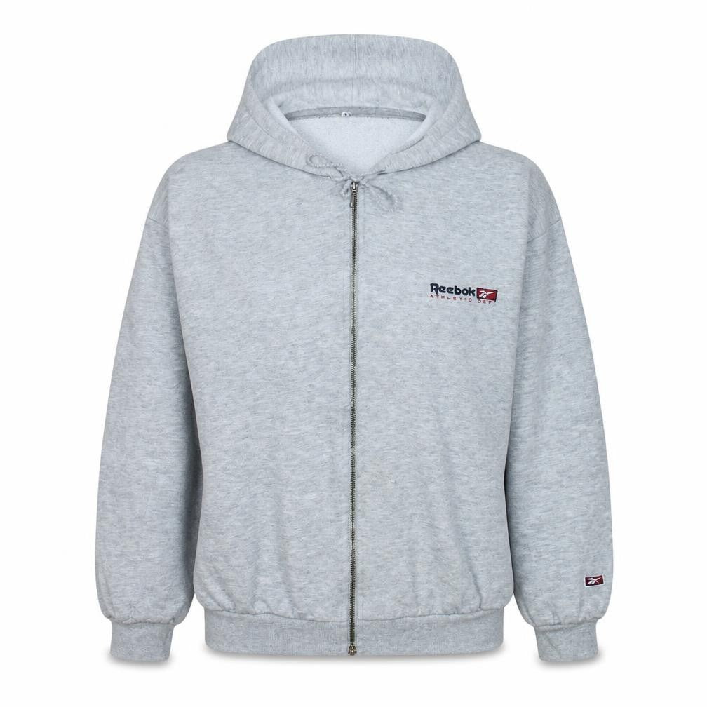 Front view of Reebok Women’s Grey Full Zip Hoodie Medium Athletic Dept Logo