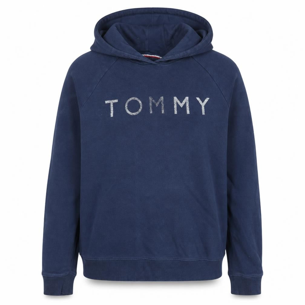 Front view of Tommy Hilfiger women’s navy blue pullover hoodie xl cotton logo