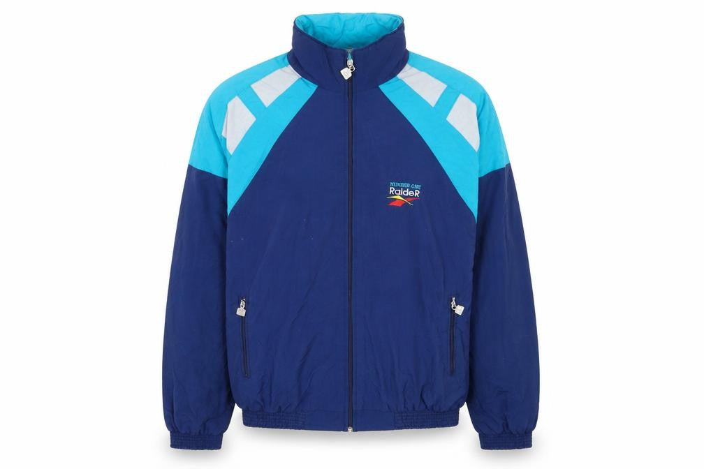 Front view of Raider Men's Blue XL Retro Colourblock Track Jacket