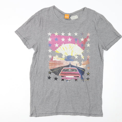 Hugo Boss Men Grey Retro Car Print Short Sleeve Cotton T-Shirt M