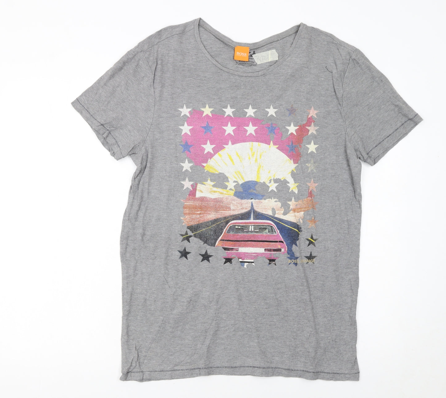 Hugo Boss Men Grey Retro Car Print Short Sleeve Cotton T-Shirt M