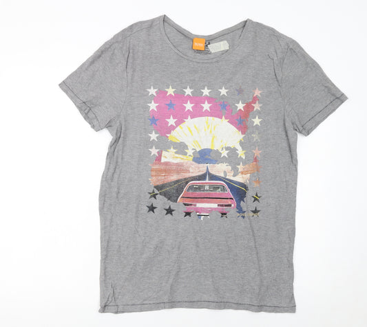 Hugo Boss Men Grey Retro Car Print Short Sleeve Cotton T-Shirt M