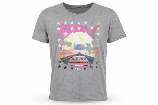 Front view of Hugo Boss Men Grey Retro Car Print Short Sleeve Cotton T-Shirt M