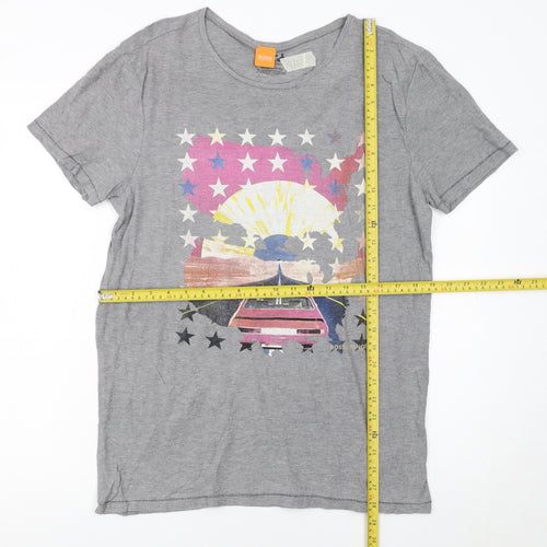Hugo Boss Men Grey Retro Car Print Short Sleeve Cotton T-Shirt M
