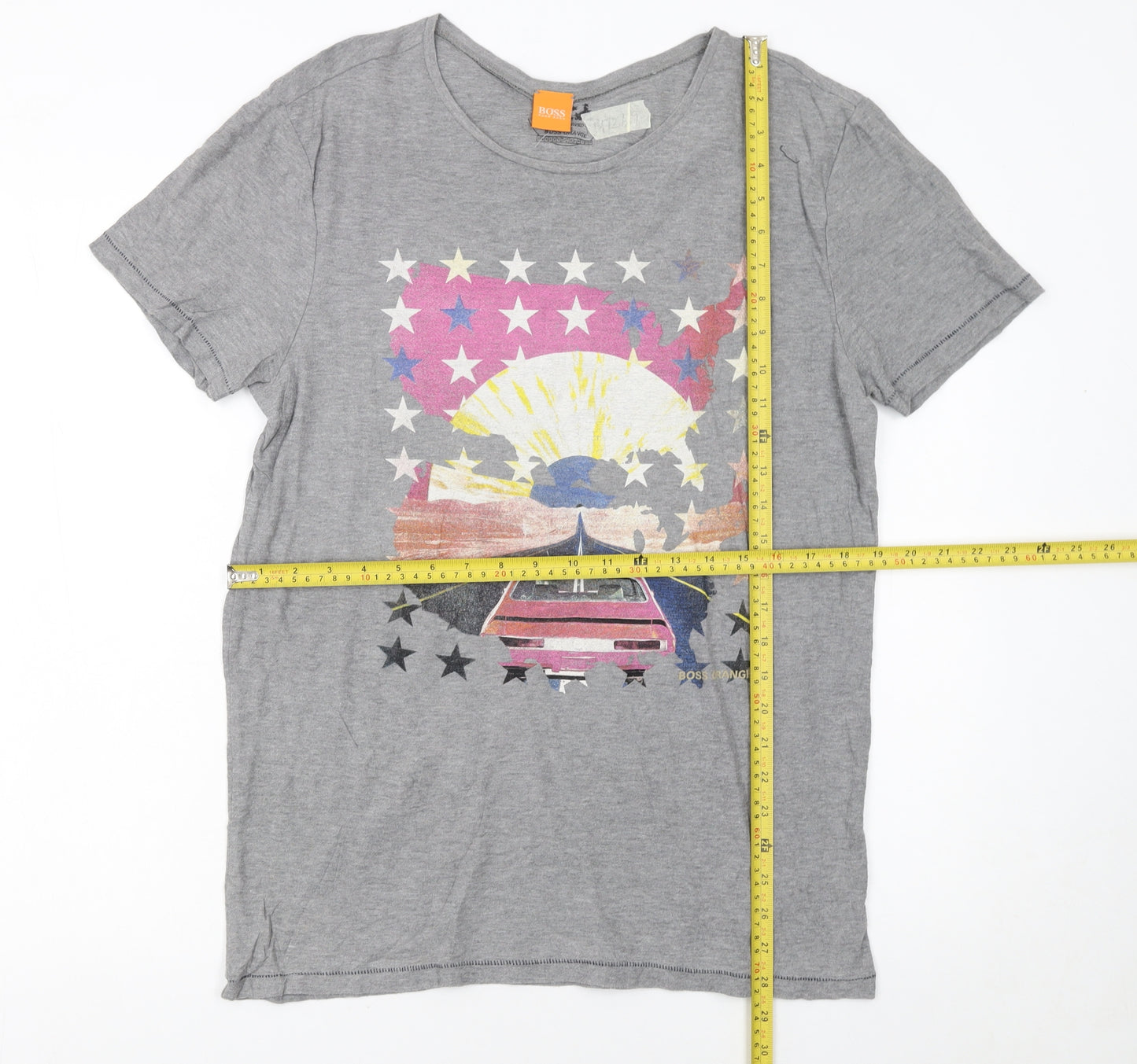 Hugo Boss Men Grey Retro Car Print Short Sleeve Cotton T-Shirt M
