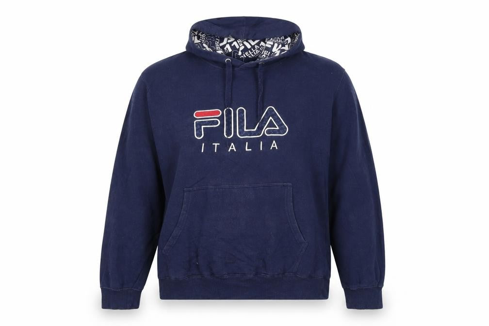 Front view of Fila women’s navy blue pullover hoodie l cotton blend logo