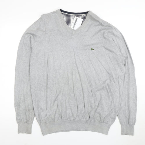 Lacoste Mens Grey Cotton V-Neck Jumper 2XL Regular Fit