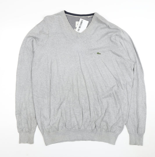 Lacoste Mens Grey Cotton V-Neck Jumper 2XL Regular Fit