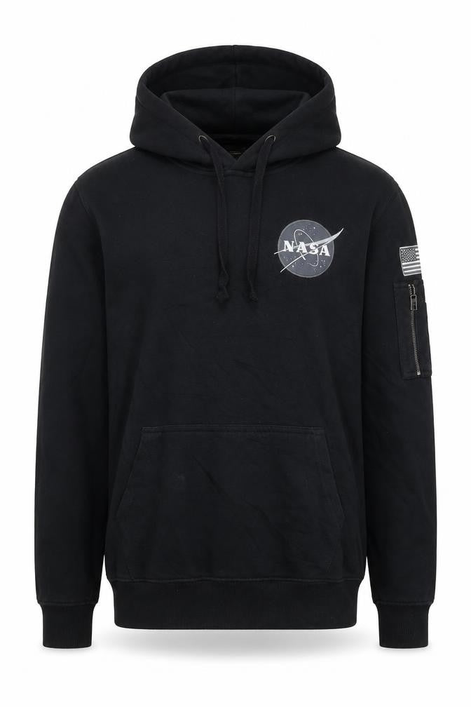 Front view of Alpha Industries NASA Black Men's Medium Pullover Hoodie