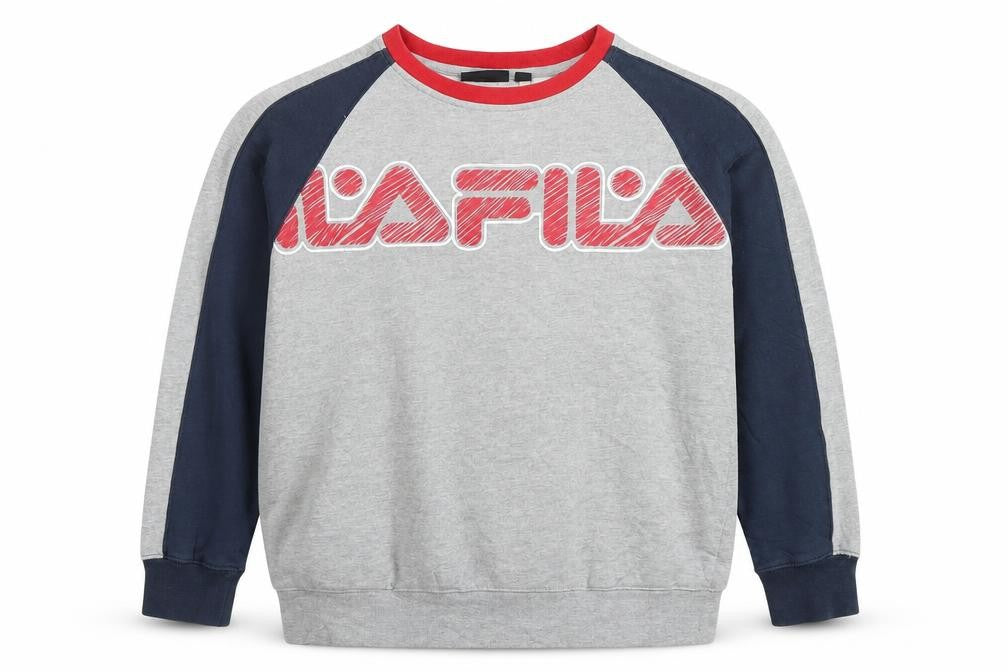 Front view of Fila boys’ grey red blue logo sweatshirt, size 14, regular fit cotton blend