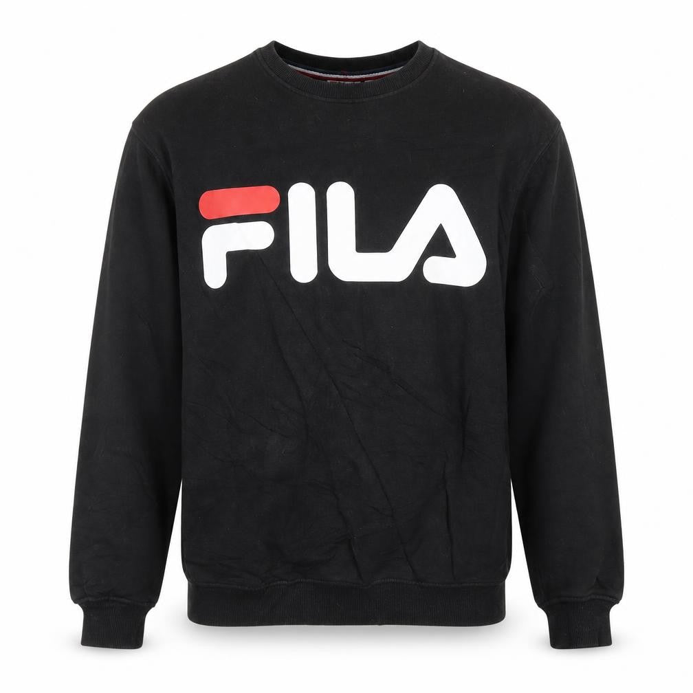 Front view of Fila men’s black small pullover sweatshirt crew neck graphic logo
