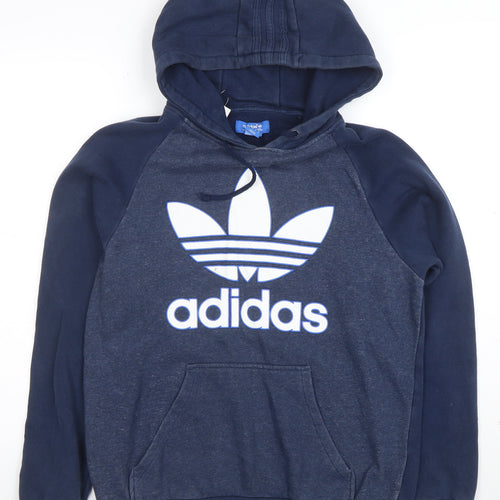 Adidas Mens Blue Pullover Hoodie Small Logo Fleece Sweatshirt