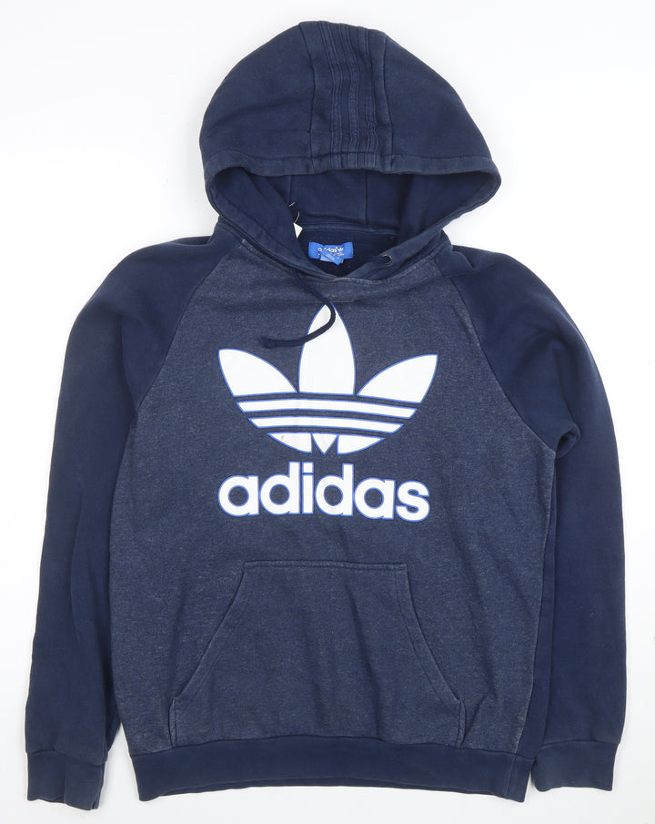 Adidas Mens Blue Pullover Hoodie Small Logo Fleece Sweatshirt