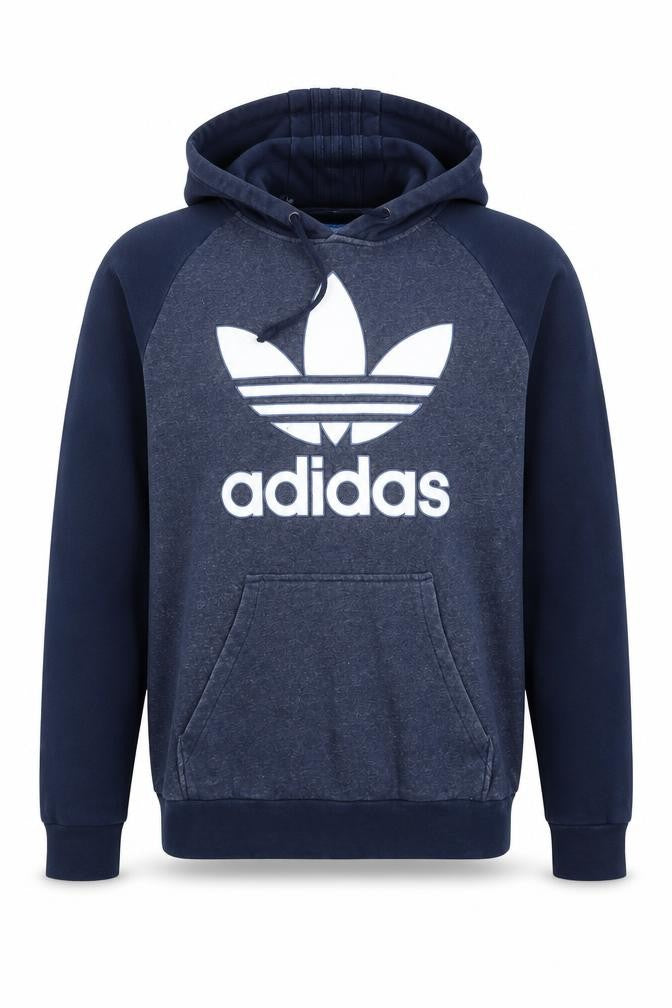 Front view of Adidas men’s blue pullover hoodie small logo fleece sweatshirt