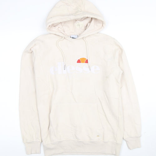 Ellesse Women Beige Pullover Hoodie UK 12 Logo Print Cotton Blend