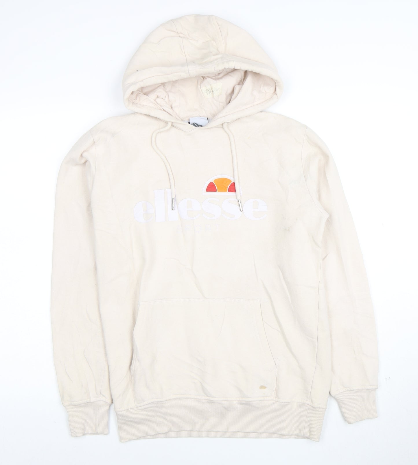 Ellesse Women Beige Pullover Hoodie UK 12 Logo Print Cotton Blend