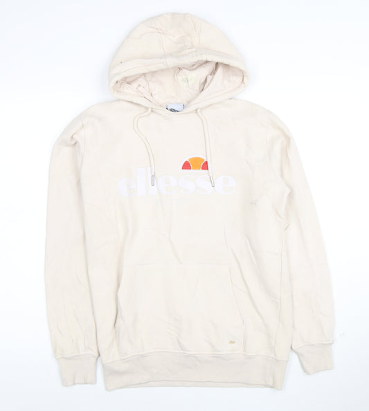 Ellesse Women Beige Pullover Hoodie UK 12 Logo Print Cotton Blend
