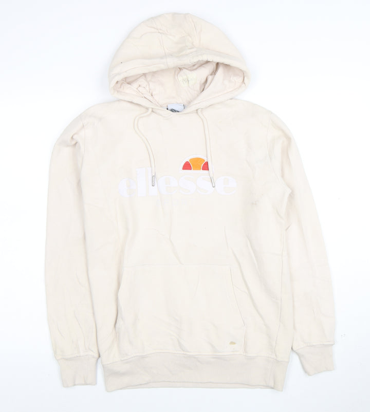 Ellesse Women Beige Pullover Hoodie UK 12 Logo Print Cotton Blend