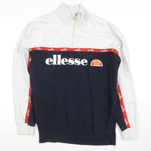 Ellesse Women White Navy 1/2 Zip Logo Sweatshirt UK 10 Cotton Blend