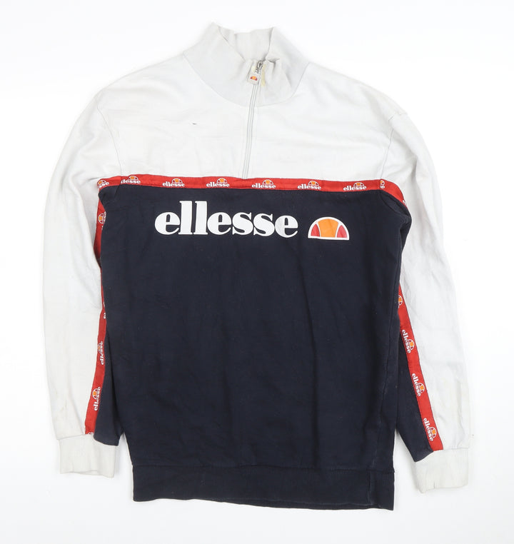 Ellesse Women White Navy 1/2 Zip Logo Sweatshirt UK 10 Cotton Blend