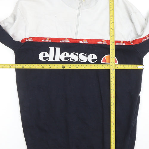 Ellesse Women White Navy 1/2 Zip Logo Sweatshirt UK 10 Cotton Blend