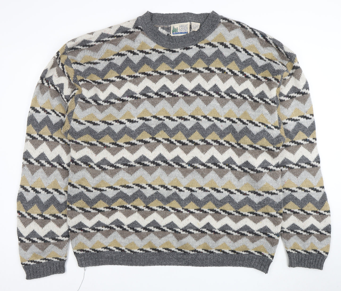 Great Lakes Country Men's Grey XL Geometric Wool Blend Retro Jumper
