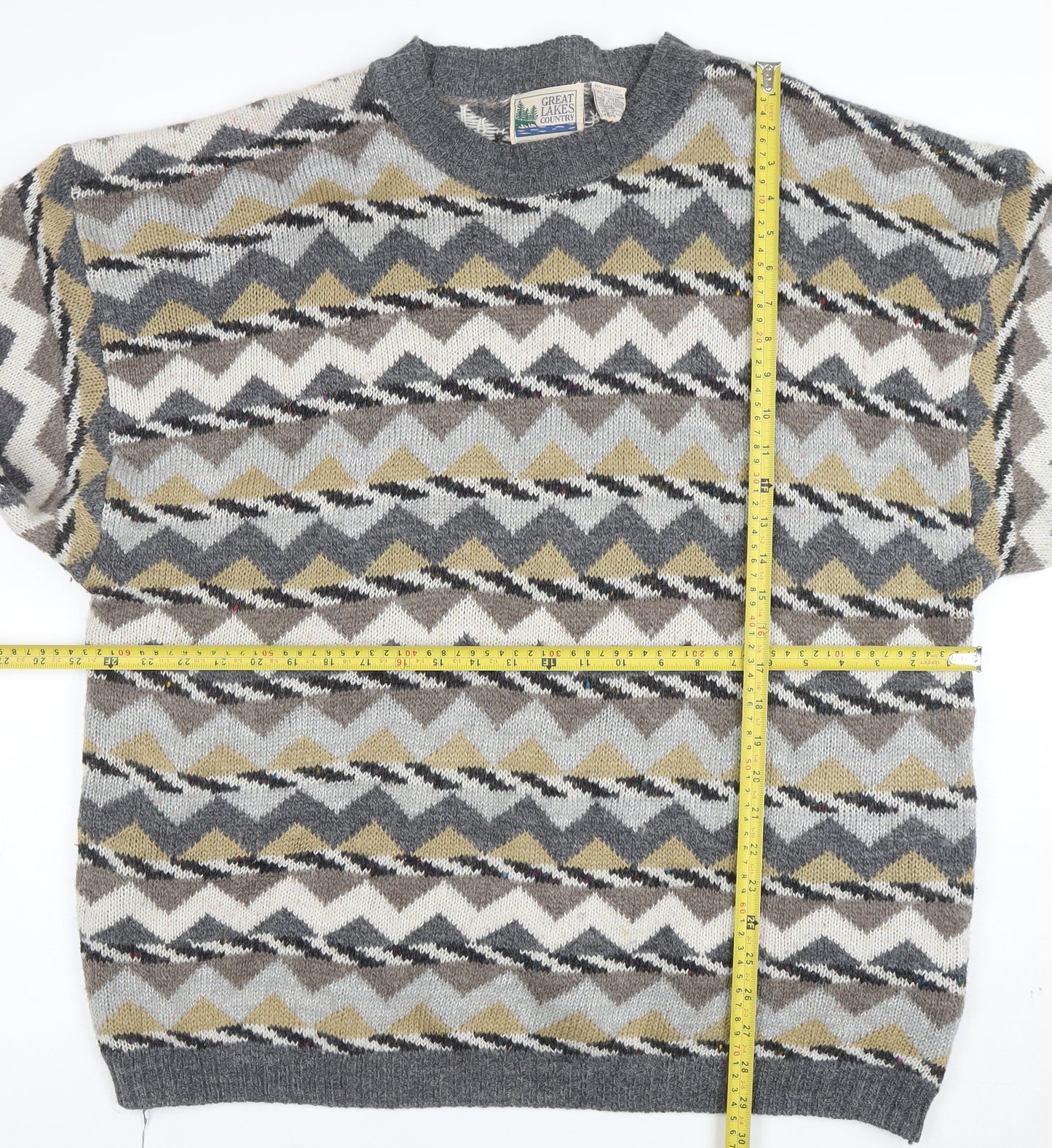Great Lakes Country Men's Grey XL Geometric Wool Blend Retro Jumper