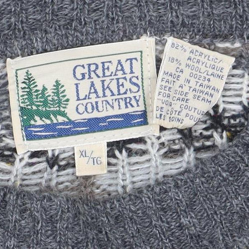 Great Lakes Country Men's Grey XL Geometric Wool Blend Retro Jumper