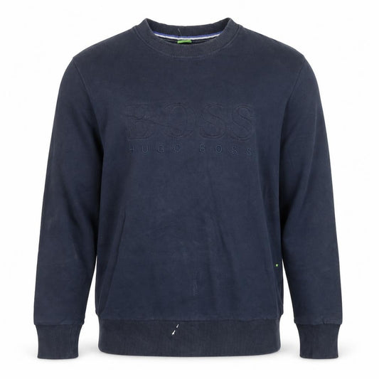 Front view of Hugo Boss Men's Blue Embroidered Logo Crew Neck Sweatshirt L