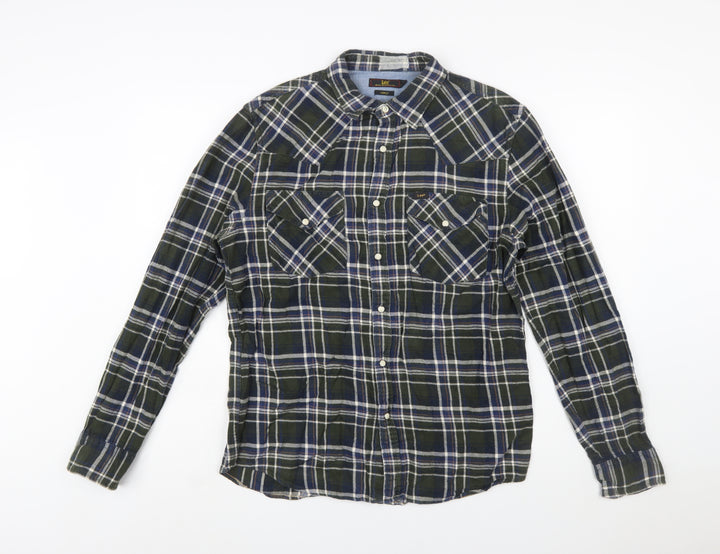 Lee Men's Green Check Slim Fit Flannel Long Sleeve Button-Up Shirt Size M