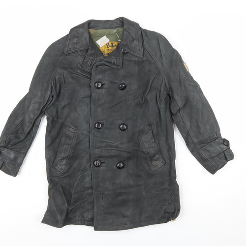 Belstaff Boys Black Leather Pea Coat Jacket 10 Years Classic Weatherproof