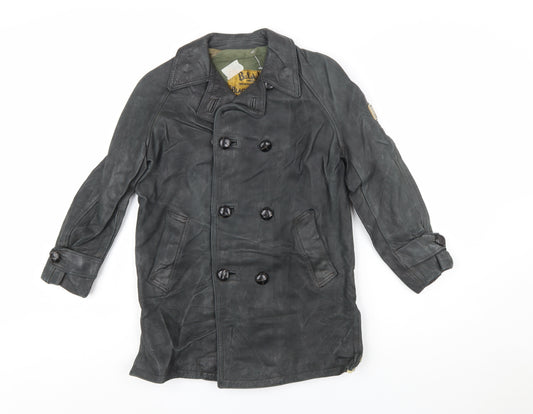 Belstaff Boys Black Leather Pea Coat Jacket 10 Years Classic Weatherproof
