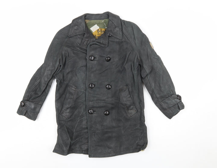 Belstaff Boys Black Leather Pea Coat Jacket 10 Years Classic Weatherproof