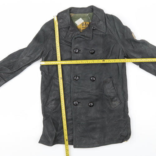 Belstaff Boys Black Leather Pea Coat Jacket 10 Years Classic Weatherproof