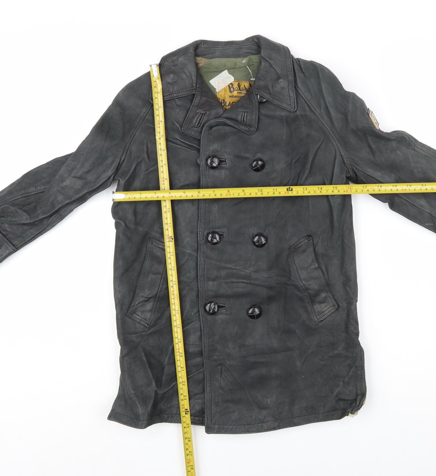 Belstaff Boys Black Leather Pea Coat Jacket 10 Years Classic Weatherproof
