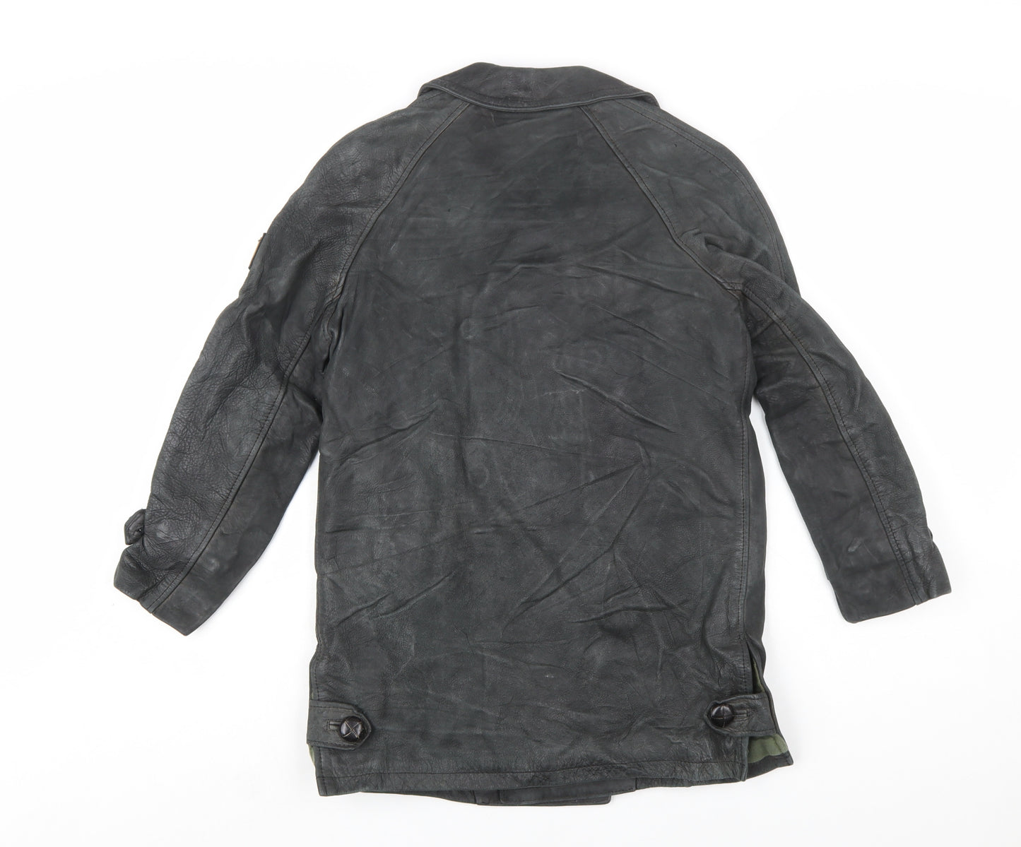 Belstaff Boys Black Leather Pea Coat Jacket 10 Years Classic Weatherproof