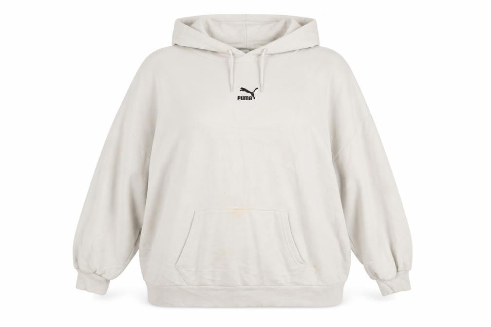 Front view of Puma Women’s Beige Hooded Pullover Sweatshirt XL Relaxed Fit