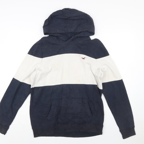 Hollister Mens Blue White Pullover Hoodie Small Logo Striped Sweatshirt