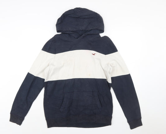 Hollister Mens Blue White Pullover Hoodie Small Logo Striped Sweatshirt