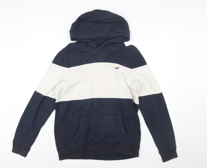 Hollister Mens Blue White Pullover Hoodie Small Logo Striped Sweatshirt
