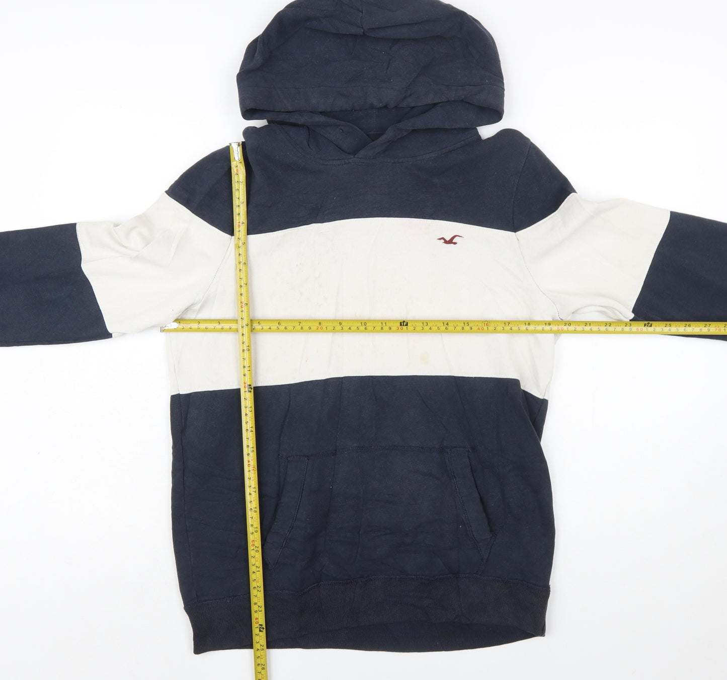 Hollister Mens Blue White Pullover Hoodie Small Logo Striped Sweatshirt