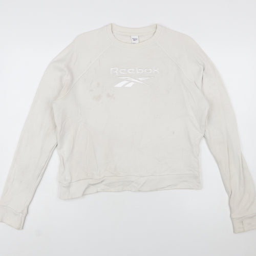 Reebok Womens Beige Sweatshirt Small Crew Neck Logo Cotton Blend