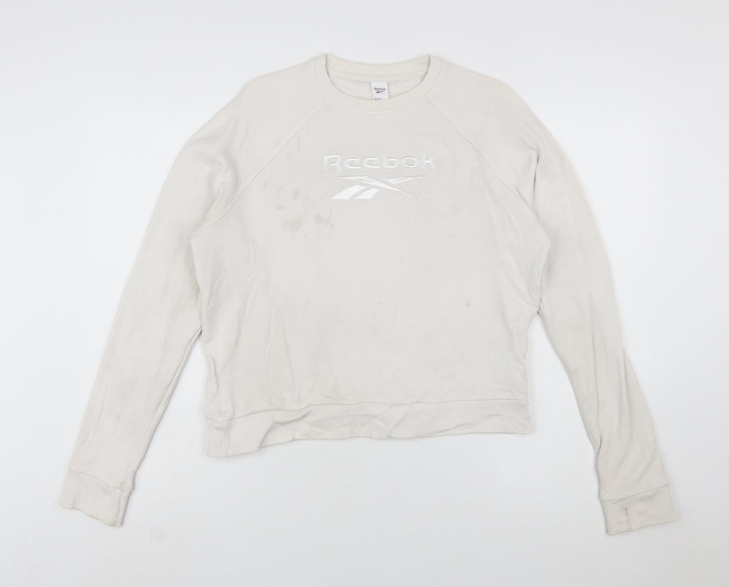 Reebok Womens Beige Sweatshirt Small Crew Neck Logo Cotton Blend
