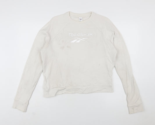 Reebok Womens Beige Sweatshirt Small Crew Neck Logo Cotton Blend