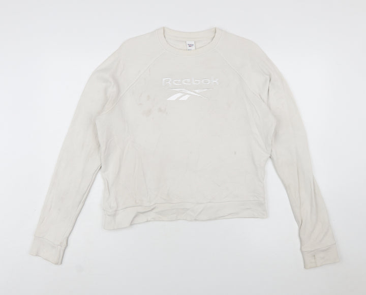 Reebok Womens Beige Sweatshirt Small Crew Neck Logo Cotton Blend