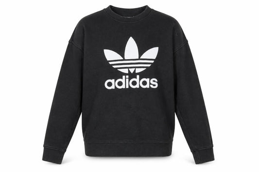 Front view of Adidas women’s black trefoil logo sweatshirt, size UK 10, cotton pullover