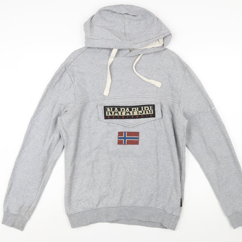 Napapijri Men's Grey Pullover Hoodie S Logo Outdoor Style