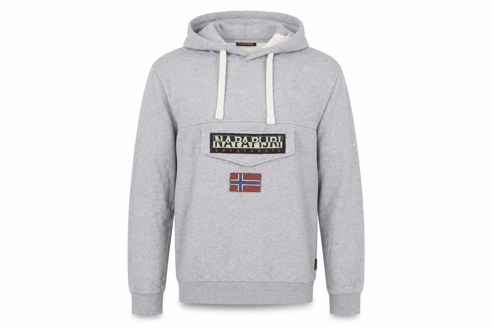 Front view of Napapijri Men's Grey Pullover Hoodie S Logo Outdoor Style