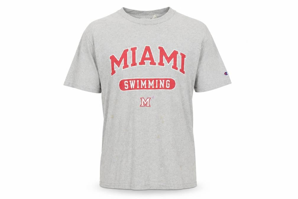 Champion Men's Grey Miami Swimming Graphic T-Shirt Medium Cotton