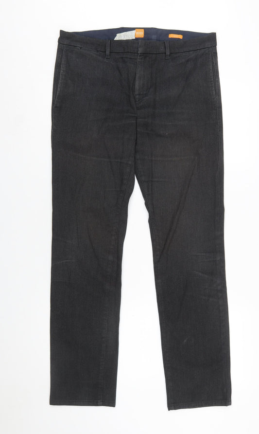 BOSS Men's Black 32R Regular Fit Cotton Blend Chino Trousers